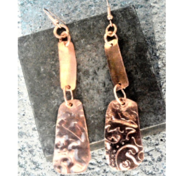 Solid Copper Dangle Earrings Rustic Statement Drop Handmade Boho Artisan Gift - Picture 2 of 3